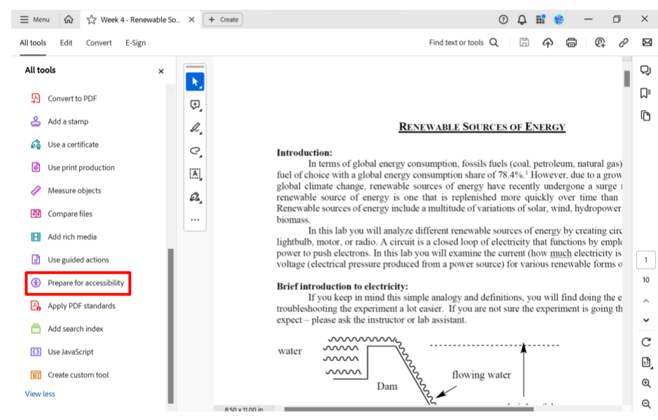 The accessibility checker tool is located on the Left side of the Adobe Acrobat window in the tools menu.