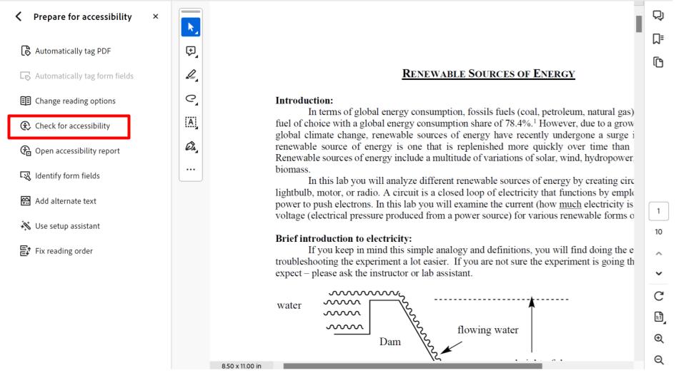 Click Accessibility check on the left side of the Adobe Acrobat Window.